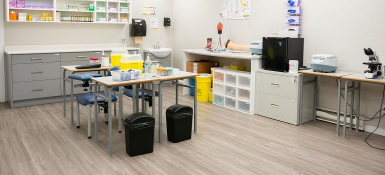 a look at the medical lab with cabinets and peptides