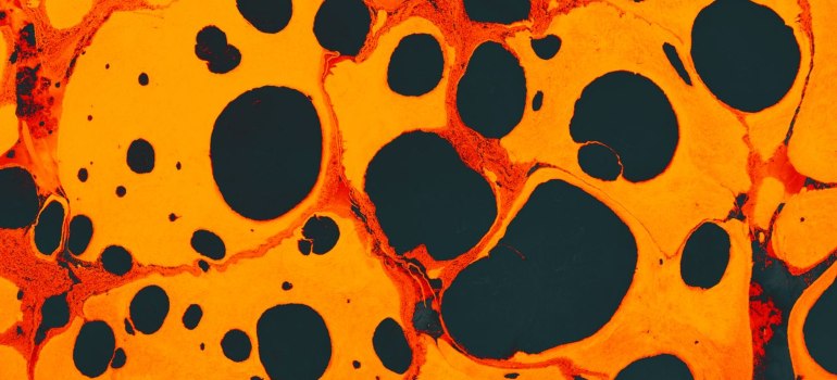dynamic abstract image of marbled patterns with vibrant orange and black colors, resembling cells